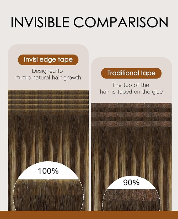 VINBAO Invisi Edge Seamless Tape in Hair Extensions Human Hair 18in 50g 20pcs Chocolate Brown to Caramel Blonde Balayage Injected Tape-ins Extensions Natural Look 18inch #4/27/4