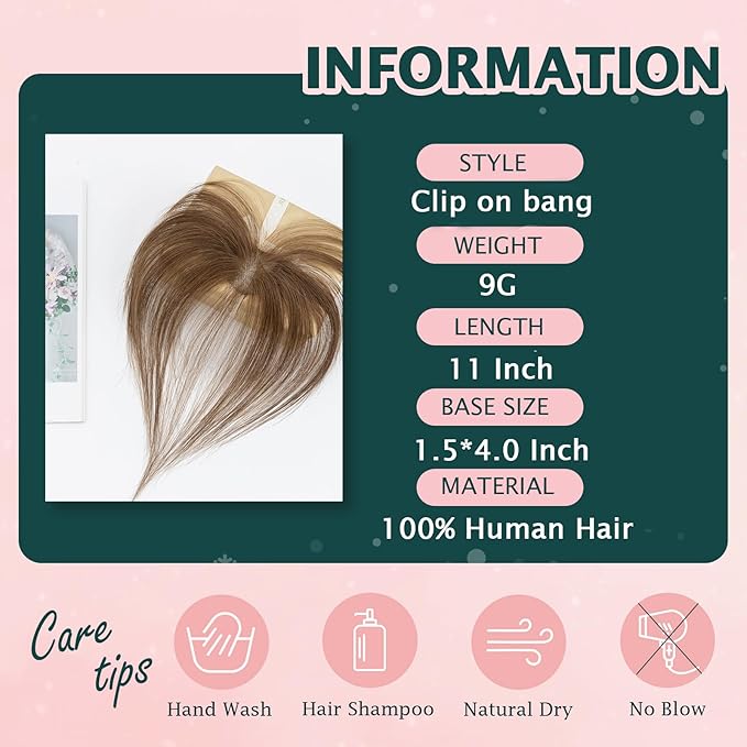 Benehair Clip on Bangs Human Hair, Front Hair Extensions for Women Hair Pieces with Temples for Daily Wear (Medium Brown)