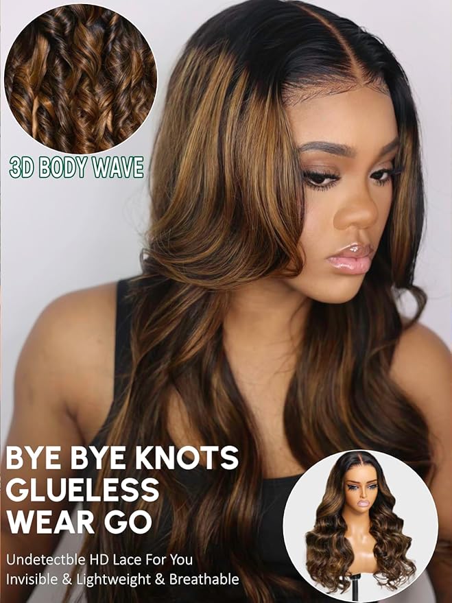 KLAIYI Bye Bye Knots Glueless Ombre Brown Body Wave Pre Cut 7x5 Lace Front Wigs Human Hair Drawstring Pre Plucked Bleached Pre Everything Ready to Wear and Go Wig Highlight Balayage Colored Wig 22Inch