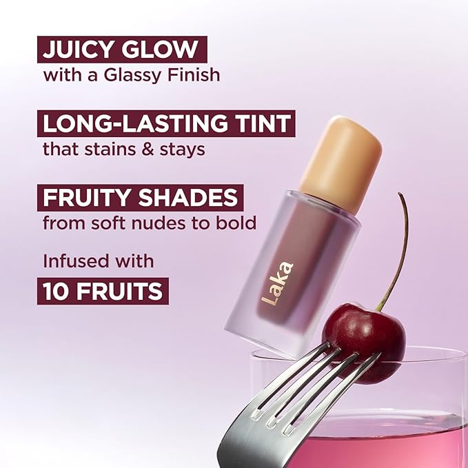 Laka Fruity Glam Tint, 4.5g/0.15 oz., Glowing Lip Stain with Wide Color Spectrum, Hydrating & Lightweight Texture, Long-Lasting Bold Stain, Non-Sticky, Vegan, K-Beauty (#115 Envy)