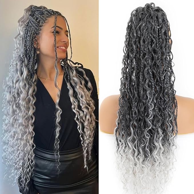 Drawstring Ponytail for Women 24 inch Boho Braids with Long Wavy Hair Clip in Ponytail Extension Synthetic Hair Extensions Ponytail for Daily Use (T1B/Grey#, 24 Inch)