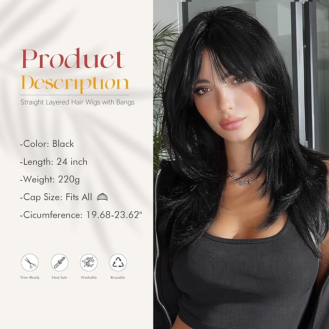 SOFEIYAN Long Straight Layered Wig with Bangs 24 Inch Synthetic Natural Hair Wig Soft Heat Resistant Long Wigs for Women Daily Party Use