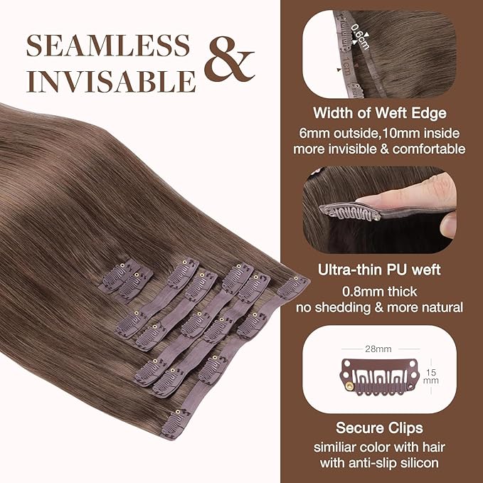 GOO GOO Clip in Hair Extensions Real Human Hair, Remy Human Hair Extensions Clip ins for Women, Natural Human Hair, 22 Inch 140g 7Pcs, 5 Light Ash Brown