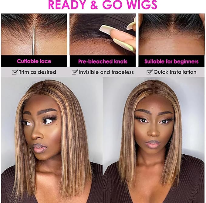 4/27 Ombre Highlight Bob Wig Human Hair 10 inch straight 427 bob wig 13x4 Highlight HD Lace Frontal Bob Wig Human Hair 180% Density Pre Plucked Ombre Short Bob Wigs for Black Women