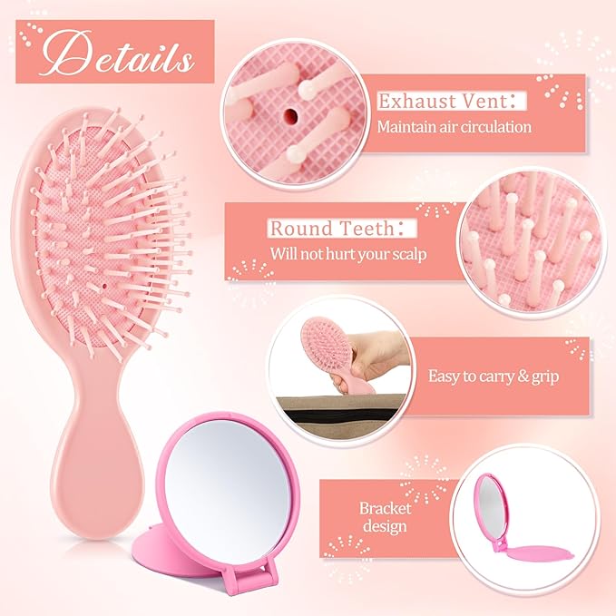 Meanplan 24 Pcs Mini Hair Brush Set 12 Travel Wet Dry Hair Combs Pocket Detangling 12 Compact Folding Makeup Mirrors for Spa Sleepover Birthday Bridal Shower Bachelorette Christmas Party Gift (Pink)
