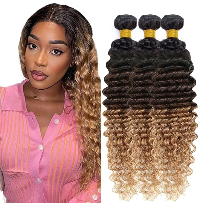 30 32 34 Inch Ombre Deep Wave Bundles Human Hair Blonde Bundle 3 Tone Honey Blonde and Brown Bundles Niegmeag Double Weft T1B427 Bundle Hair Weave