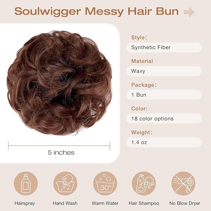 Messy Bun Hair Piece Wavy Curly Scrunchies Fluffy Donut Thick Updo Elegant Chignon Hairpieces for Women Girls, Dark Auburn 1.4oz