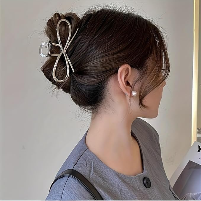 Metal Bow Hair Claw Clips Large Bowknot Hair Clips for Thin Thick Hair Accessories for Women Girls Silver Strong Hold Nonslip