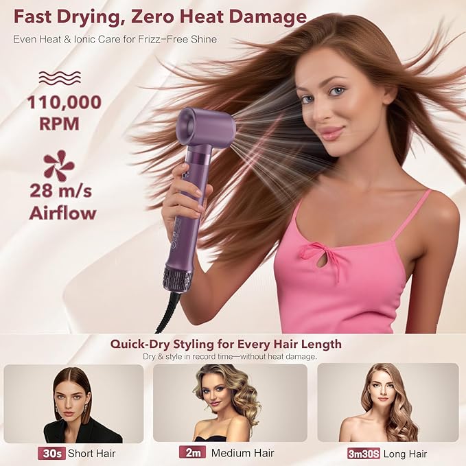 StyleVibe 6-in-1 Air Styler, Hair Dryer & Blow Dryer Brush with Travel Case - Auto Wrap Curls (L/R), Fast Drying, Thermal Round Brush for Smooth Blowouts & Frizz-Free Volume, No Heat Damage