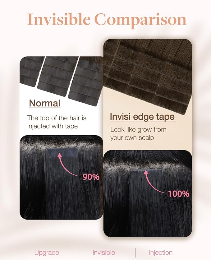 GOO GOO Invisi Edge Tape in Hair Extensions Human Hair, 4/27/4 Balayage Chocolate Brown to Caramel Blonde 10pcs injected with 10pcs classical tape ins, 18inch 50g, Virgin Remy Hair, Natural Look
