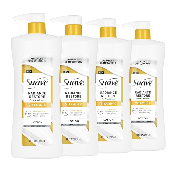 Suave Radiance Restore Hand & Body Lotion For Women With Vitamin C, Brighten & Hydrate Dry, Dull Skin, Non Greasy, Moisturizing Cream Evens Skin Tone, Allergen Free, 28 FL OZ Pump, 4 Pack