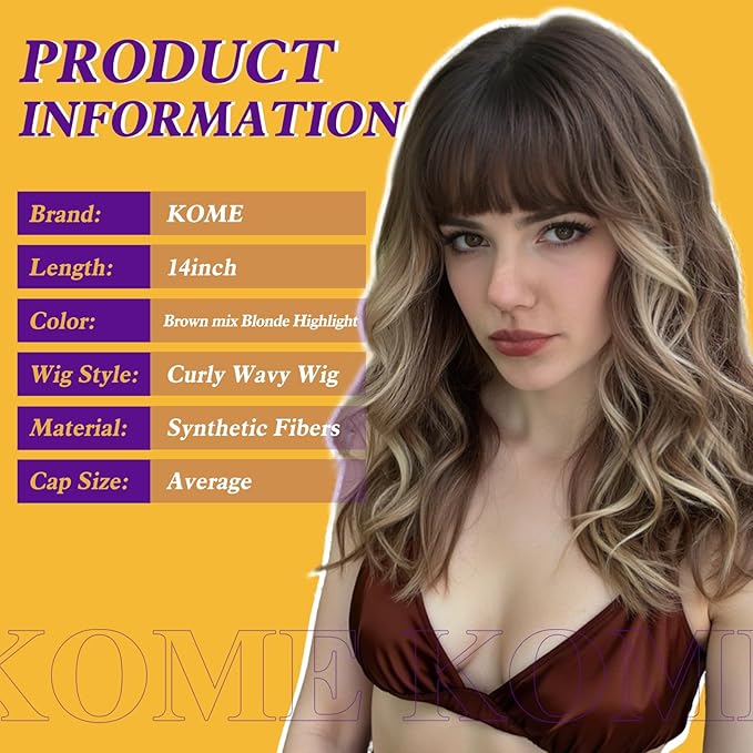 Brown Curly Bob Wig with Bangs Short Wavy Brown mix Blonde Highlight Wigs for Women Lob Haircut Synthetic Heat Resistant Bob Wigs 14IN…
