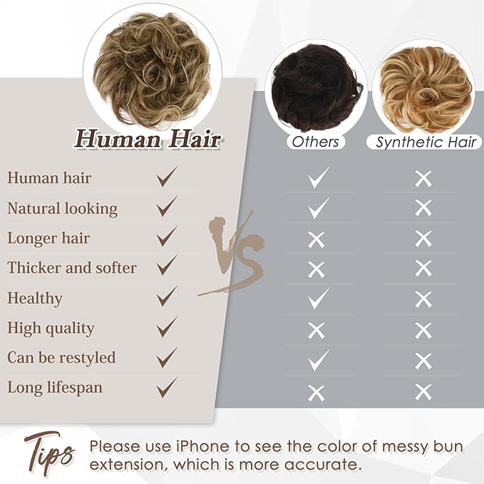 RUWISS Large Messy Bun Hair Piece 100% Human Hair Layered Wavy Curly Hair Buns Hair Piece for Women Thick Updo Hairpiece for Daily Wear Real Hair Ponytail Extension (Brown with Warm Blonde Highlights)