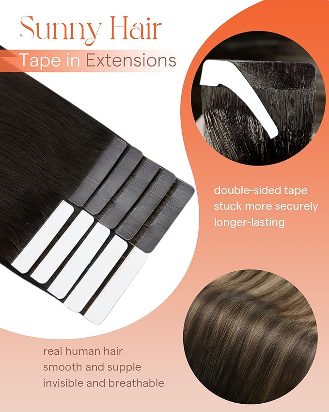 Sunny Hair Tape in Hair Extensions Real Human Hair Invisible Remy Hair Extensions Tape ins for Women Natural Black Ombre Dark Brown Balayage Ash Blonde 16 inch 25G