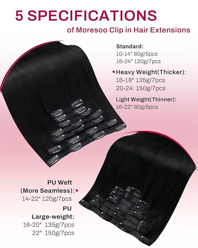 Moresoo Clip in Hair Extensions Black Women Double Weft Human Hair Clip in Extensions Black Hair Extensions Clip ins Real Human Hair Jet Black 7pcs/135g 16inch