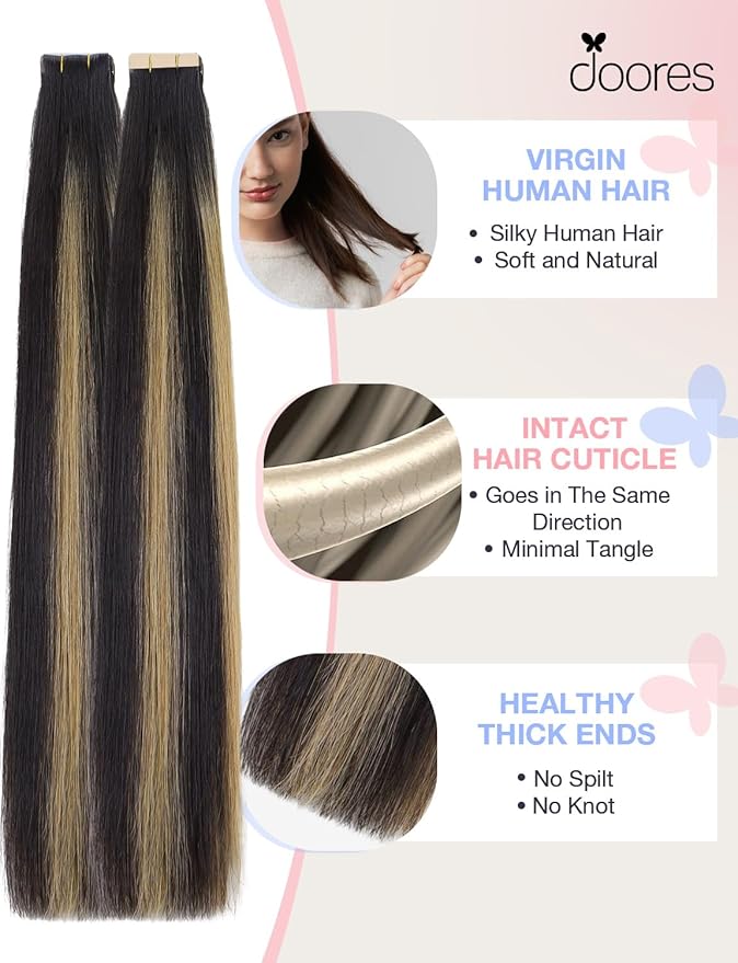 DOORES Invisi Edge Human Hair Extensions Tape in, Natural Black to Light Blonde 10 Injection Tape-ins with 10 Classic Tape-ins 50g 22 Inch, Injected Tape in Extensions Virgin Human Hair