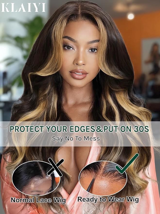 KLAIYI Ombre Highlight Blonde Loose Body Wave Bye Bye Knots Glueless Wigs Human Hair 7x5 Precut Lace Front Pre Plucked Bleached Ready to Wear Go Wig with Face Framing Curtain Bang Caramel Brown 20Inch