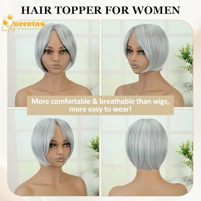 QUEENTAS Grey Hair Topper for Women with Thinning Hair Pieces 6"*6"Large Coverage 360°3D Cover Silver Synthetic Short Bob with 5 Clips in Wiglets(Gray)