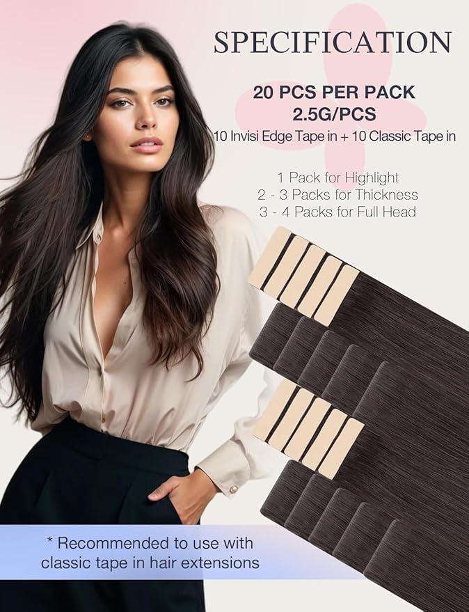 DOORES Injected Tape in Hair Extensions Real Human Hair Invisi Edge, Dark Brown 10 Injection Tape-ins with 10 Classic Tape-ins 50g 20 Inch, Virgin Human Injection Tape in Extension