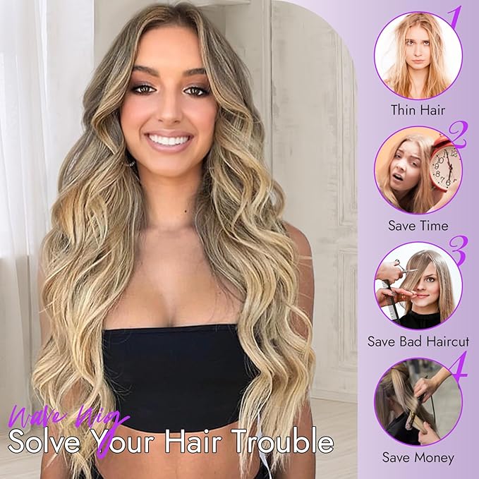 Ombre Blonde Wig for Women Long Wavy 4x1 Lace Natural Hairline Glueless for Beginners Middle Part Synthetic for Daily Party Use 30Inch