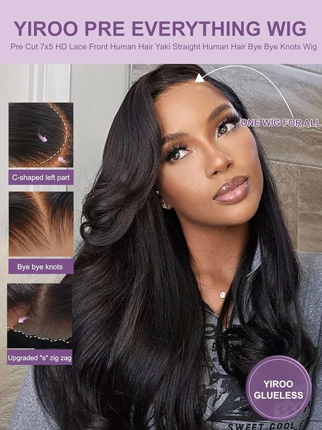 Yiroo Light Yaki Straight Wig Human Hair with Side Swept Bangs,7x5 Lace Front Bye Bye Knots Glueless Wig Human Hair Pre Plucked Pre Cut,Elastic Drawstring Wear and Go Wig for Women 150% Density 18Inch