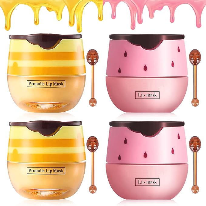 4PCS Bee Lip Balm Lip Mask Honey Pot,Honey & Strawberry Lip Mask Propolis Moisturizing Lip Balm with Stick - Hydrating Prevention Dry & Cracked Lip Scrubs Exfoliato Lip Wrinkle Care(Honey&Strawberry)