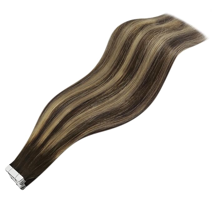 YoungSee Invisible Tape in Hair Extensions Brown Balayage Tape in Extensions Ombre Dark Brown to Blonde with Dark Brown Tape-on Hair Extension Human Hair Long 24In for Instant Length 20pcs 50g