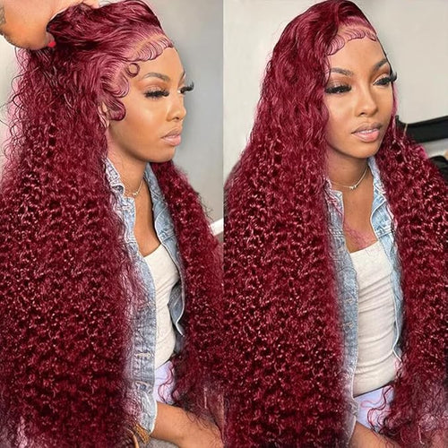 30 Inch 99J Burgundy Deep Wave Lace Front Wigs Human Hair 200% Density 13x6 HD Lace Frontal Wigs for Women 100% Real Human Hair No Synthetic Blend No Tangle No Shedding Triple Lifespan 3X
