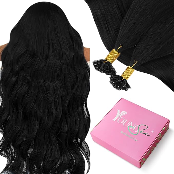 YoungSee Utip Hair Extensions Human Hair Black U Tip Hair Extensions Remy Hair Jet Black U Tip Hair Extension 14In K-Tips Hair Extension Real Human Hair for Women Style Enhancement 50s/50g