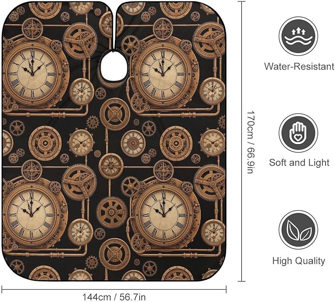 Unisex Vintage Steampunk Clock Hair Styling Cape, Lightweight Salon Cape Apron for Home Stylists, Haircut Tools