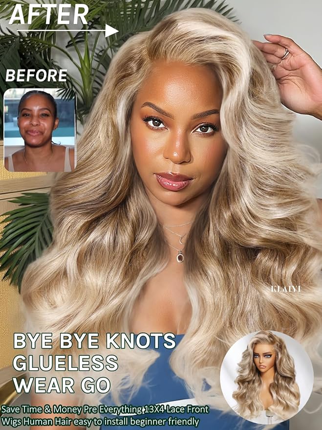 KLAIYI Ombre Ash Blonde Loose Body Wave Pre Everything Glueless 13x4 Lace Front Wigs Human Hair Balayage Precut Pre Plucked Bleached Bye Bye Knots 30S Ready to Wear and Go Wig Beginner Friendly 26Inch