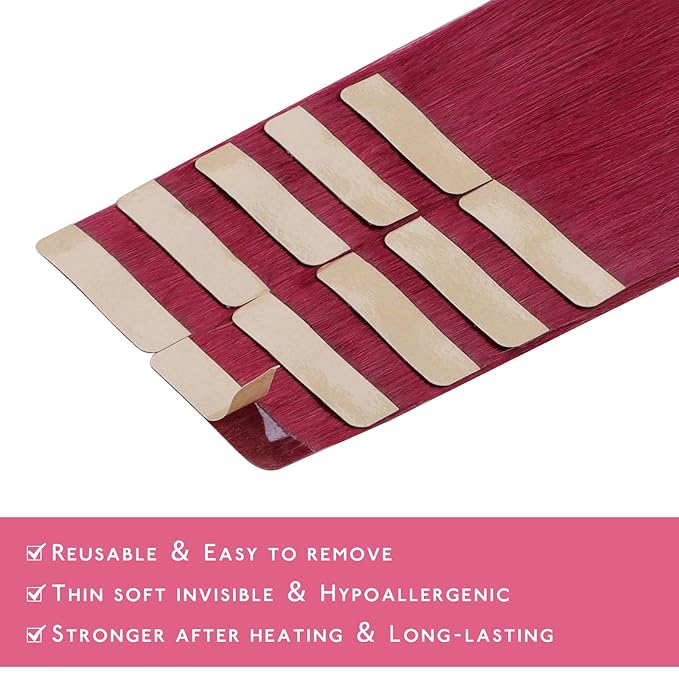 WENNALIFE Tape in Hair Extensions Human Hair Burgundy Red Tape in Extensions, 10pcs 30g 26 inch Remy Invisible Tape Ins Straight Colored Soft Real Human Hair Tape in Extensions Refill Set Extensions