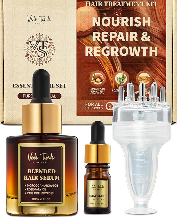 Hair Care Essential Set - Scalp Massager Oil Applicator, Natural Rosemary Oil Moroccan Argan Blend Serum for Hair Growth, Nourishing Scalp, Christmas Birthday Gifts for Women Men Mom Dad