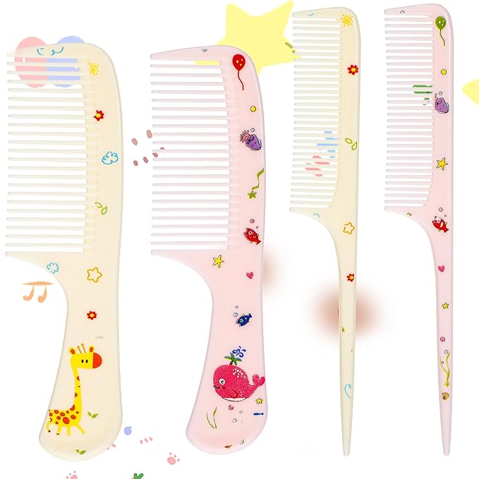 4Pcs Toddler Comb Set, Small Cute Fine Tooth Comb & Rat Tail Comb for Kids Styling, Mini Hair Combs Plastic Parting Combs, Anti-Static Hairdressing Combb for Baby Girl Wet Dry Hair (Pink Yellow)