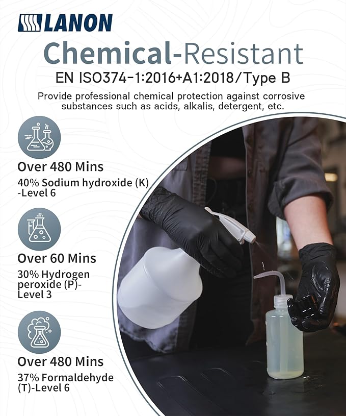 LANON Protection Food Safe Disposable Nitrile Gloves, Latex-Free, Powder-Free, Silicone-Free, Textured Fingertips, Cooking, Black，Large