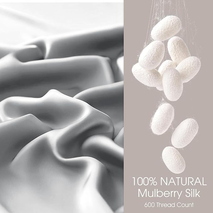 100% Silk Pillow Cases 2 Pack Queen Size Mulberry Silk Pillowcase for Hair and Skin Set of 2 Highest Grade 6A Silk Soft Breathable Cooling with Hidden Zipper, Light Grey