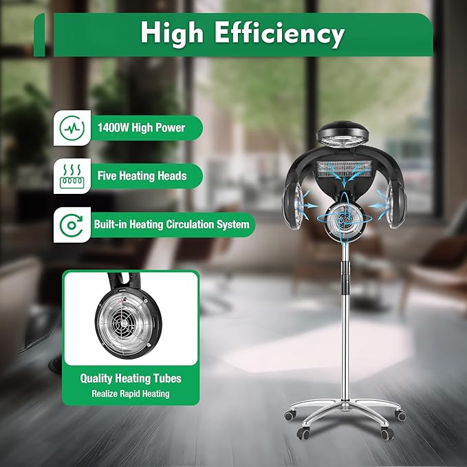 Hair Dryer, Multifunctional Salon Hair Dryer, Freestanding Hair Salon Steamer Hair Color Processor, 1.4KW 110V, Black