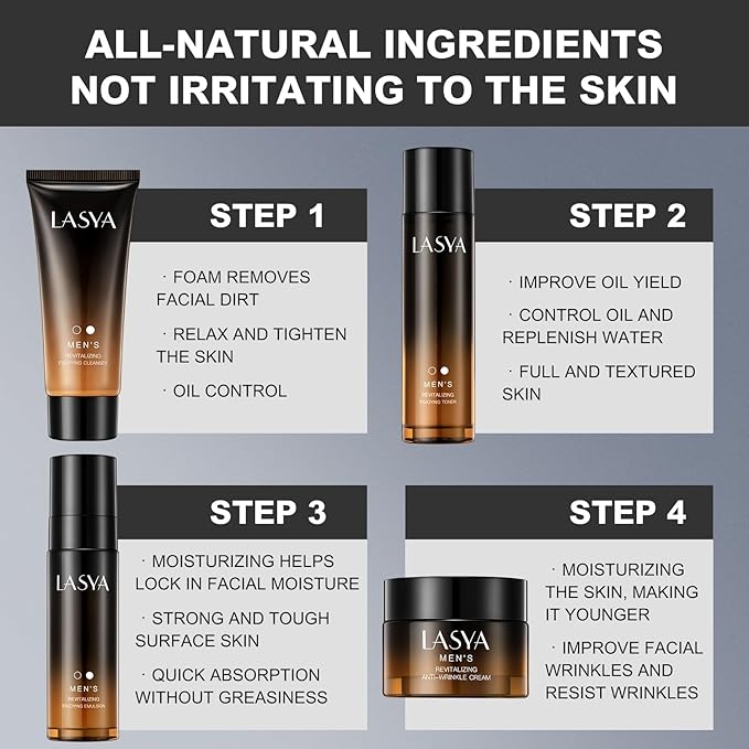 Anti Aging Skin Care Set for Men,Reduce Wrinkles & Hydrate Mens Skin Care Kit Cleanser,Toner,Lotion,Face Cream,Complete Skincare Process for Men Unique Skin Care Sets & Kits(4-Pcs)