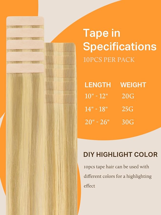 DOORES Tape in Hair Extensions Human Hair, 10pcs 30g 20 Inch Drity Blonde Highlight Golden Blonde, Human Hair Extensions Natural Hair Extensions Seamless Straight