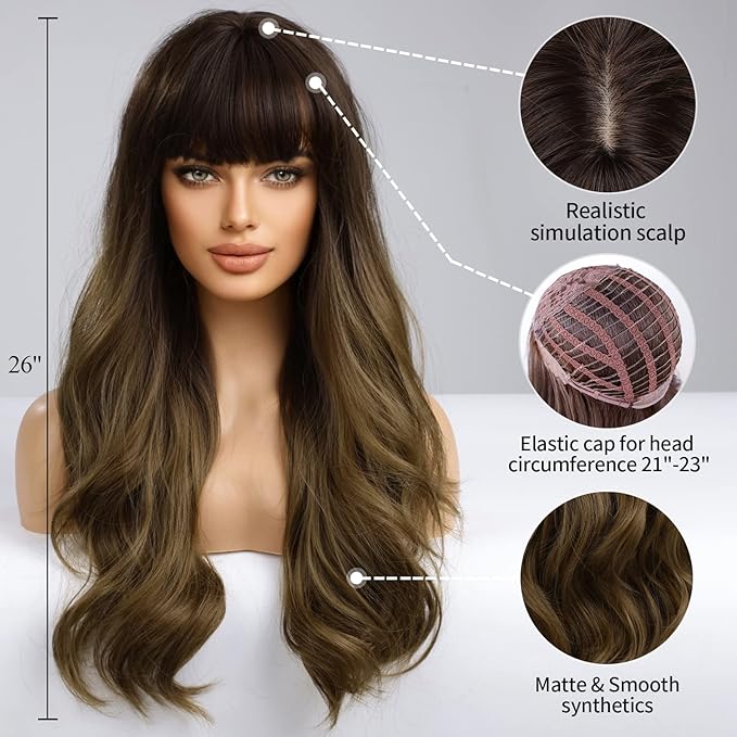 EMMOR Ombre Brown Wigs for Women Long Curly Wigs with Bangs Wave Heat Resistant Synthetic Wigs Soft Natural Looking