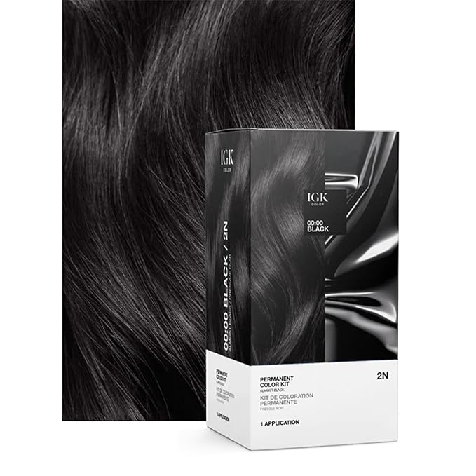 IGK Permanent Hair Color Kit | 2N 00:00 - Black | 100% Gray Color Coverage + Strengthen + Shine | Ammonia Free