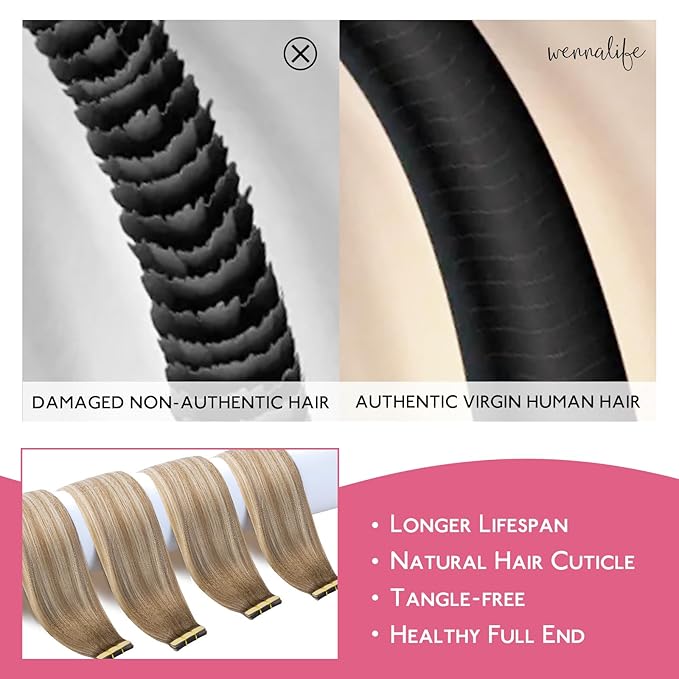WENNALIFE Tape in Hair Extensions Human Hair Balayage Dirty Blonde with Platinum Ends Tape in Extensions, 10pcs 30g 20 inch Remy Invisible Tape Ins Straight Colored Soft Refill Set