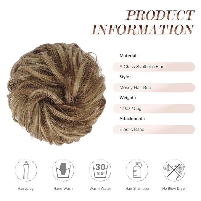 FESHFEN Messy Bun Hair Pieces - Large Wavy Curly Elastic Hair Bun Scrunchies Ponytail Extensions Synthetic Chignon Hairpieces for Women, Brown & Blonde 1.94oz