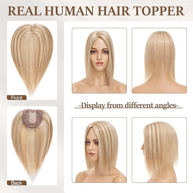 Rich Choices Hair Toppers for Women Real Human Hair 100% Human Remy Toppers NO Bangs with Thinning on Top Clip in Hairpiece 4"x4.7"Lace Base 12 Inch #12P613 Golden Brown Highlights Bleach Blonde