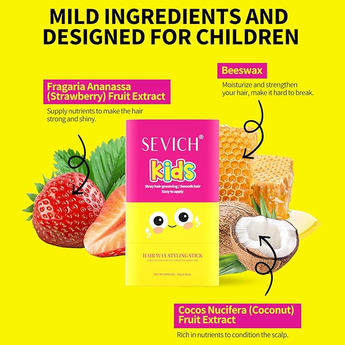 SEVICH Kids Hair Wax Styling Stick with Ergonomic Angled Comb - 15g Natural Plant Extracts for Stray Hair Grooming, Smooth Finish, Child-Friendly Design (Boys & Girls)