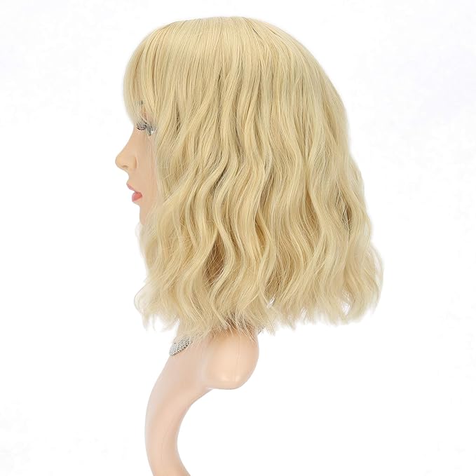 FAELBATY Blonde Wig With Bangs Short Wavy Bob Shoulder Length Synthetic Cosplay Wig for women Costume Wigs (12" Mix Blonde Color 6186)