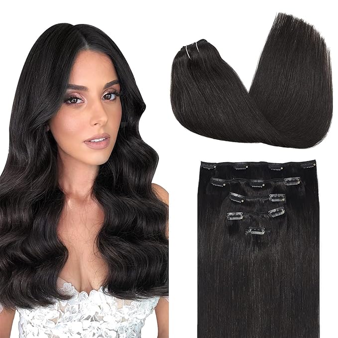 DOORES Hair Extensions Clip in, 5pcs 75g 16 Inch Natural Black Clip in Human Hair Extensions Real Natural Hair Extensions Straight