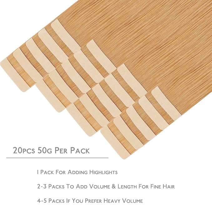 WENNALIFE Tape in Hair Extensions Human Hair, 20pcs 60g 26 inch Strawberry Blonde Remy Hair Extensions Straight Human Hair Tape in Extensions Skin Weft Tape Extensions Human Hair