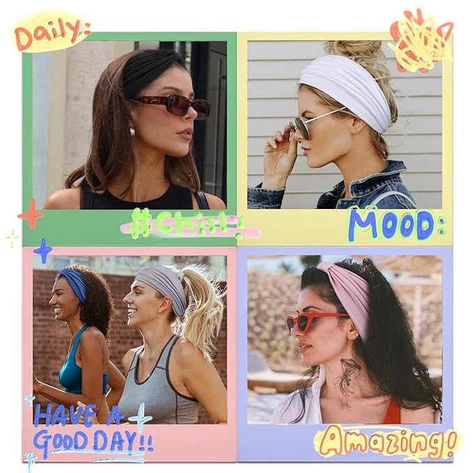 Huachi Headbands for Women, Wide Elastic Head Bands Non Slip, Thick Workout Headband Sweat Bands, Soft Large Knotted Hair Band Turban Headwraps for Washing Face, Makeup, Sport, Running(Pack of 6)