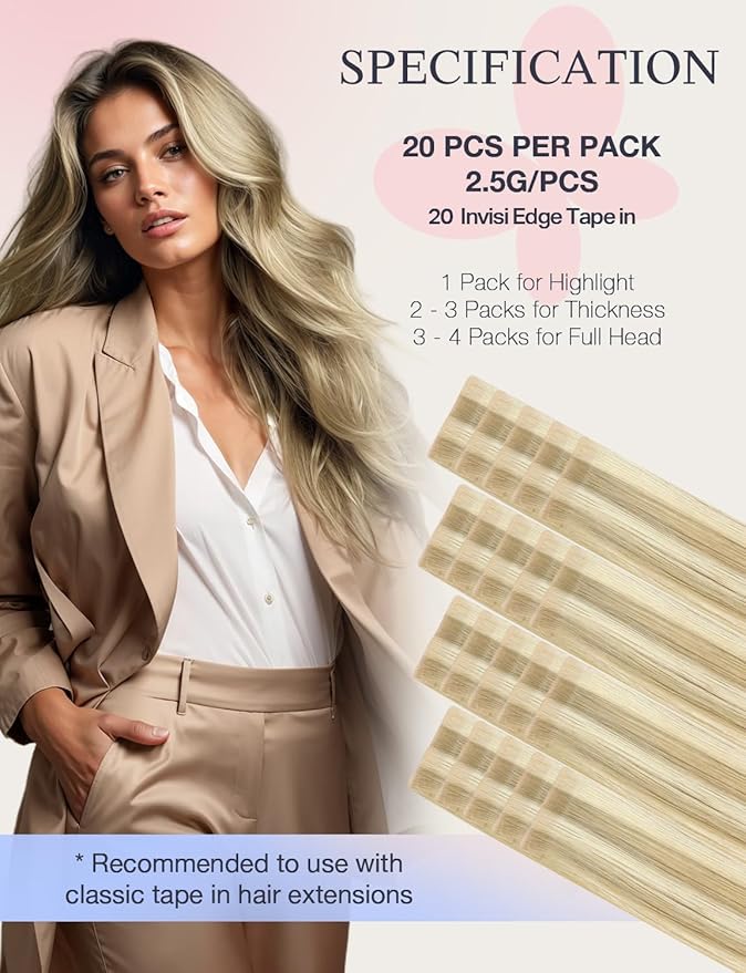 DOORES Invisi Edge Tape in Hair Extensions Real Human Hair, Light Blonde Highlighted Golden Blonde 10 Injection Tape-ins with 10 Injection Tape-ins 50g 22 Inch, Injected Tape in